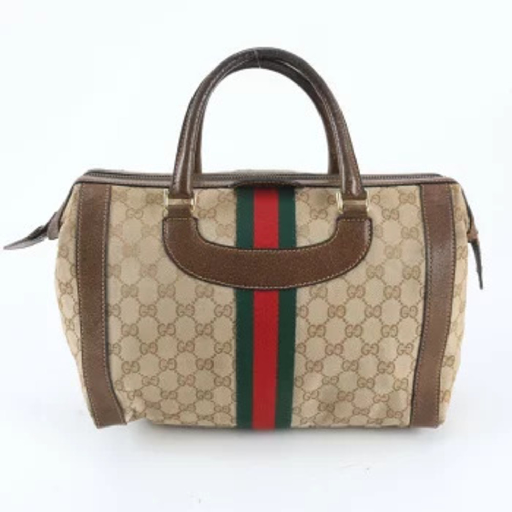 Gucci GG Canvas Sherry Boston Leather Tote Brown